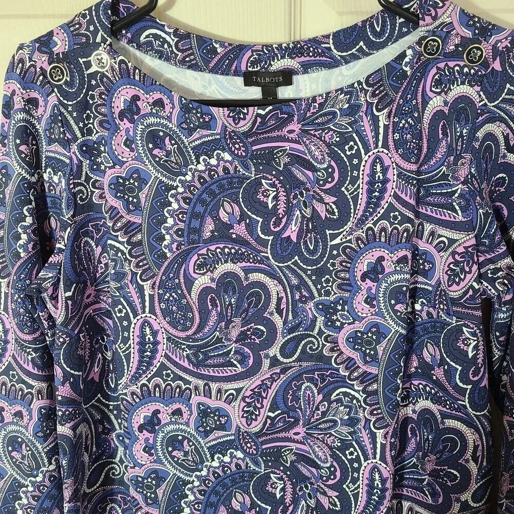 Talbots size Medium Jersey A line dress in polished paisley blue and purple boho